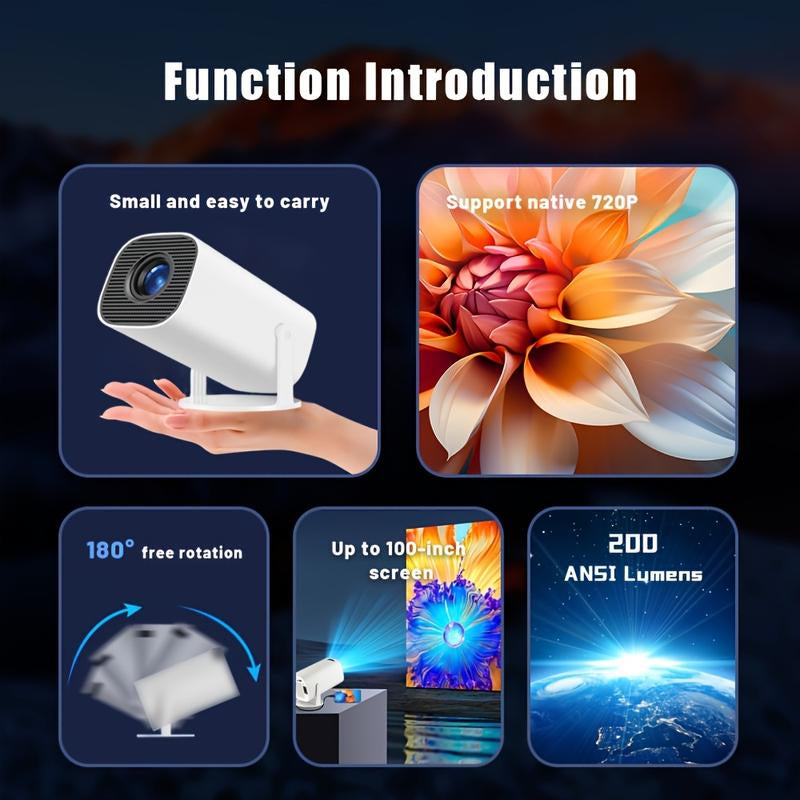 [Portable Projector] Portable 1280*720P Square Projector | 200ANSI Home Theater 180° Angle Adjustable, Wireless 5.0, Auto Correction, US Plug, Perfect for Movie Nights and Games, Ideal Gift