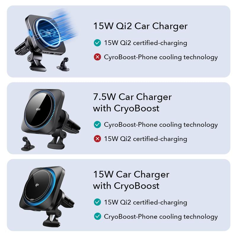 ESR for Qi2 15W Magsafe Car Mount Charger with Cryoboost, Phone Cooling Magsafe Car Charger, Air Vent/Dashboard Wireless Charging for Iphone 17/16/15/14/13/12, S25 Series, Pixel 10, Fast Charger