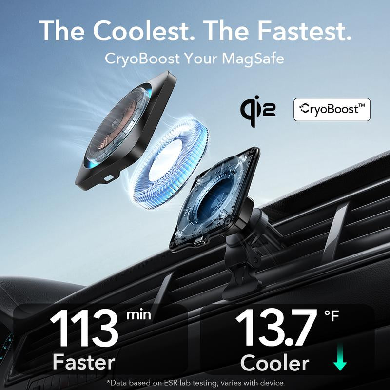 ESR for Qi2 15W Magsafe Car Mount Charger with Cryoboost, Phone Cooling Magsafe Car Charger, Air Vent/Dashboard Wireless Charging for Iphone 17/16/15/14/13/12, S25 Series, Pixel 10, Fast Charger