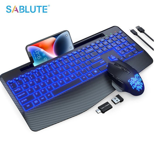 SABLUTE KL8 Wireless Keyboard and Mouse Backlits(Non-Bluetooth), Wrist Rest, LED Mouse, Rechargeable Keyboard with Phone Holder, Silent Light up Combo