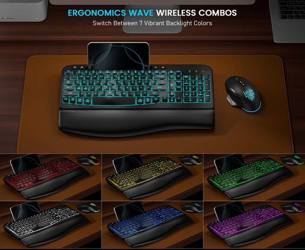SABLUTE MA22 Pro Ergonomic Wave Keyboard & RGB Mouse Combo! （Non Bluetooth) Leather Wrist Rest, Phone Holder—Game-Changing Setup!