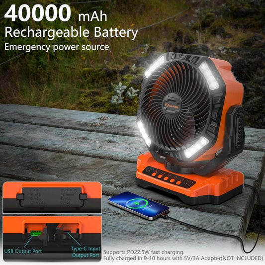 Saker Rechargeable Camping Fan - 40000Mah Battery Powered Tent Fan, Perfect for Gifts to Friends. Charging Blades Cable