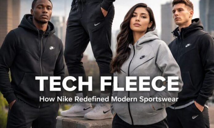 A model showcasing the full Nike Tech 2026 tracksuit in Anthracite grey style